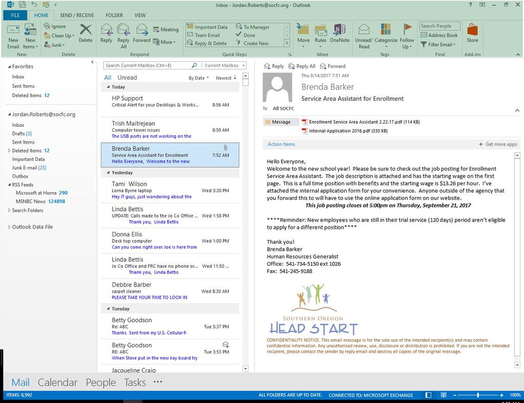 OUTLOOK MAIN WINDOW Mail: Primary Menu Bar - Create new e-mails,