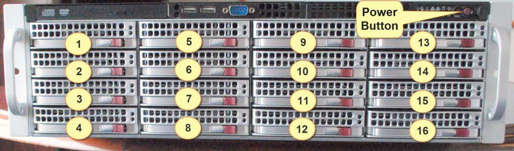3. As a first step, insert all 16 drives into the correct slots, as shown in the diagram below.