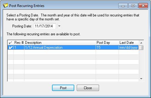 Recurring entries are typically posted once a month using the Post Recurring Entries program. This program creates journal entries for each item selected to post.