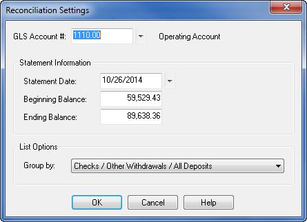 reconcile bank and credit card statements against activity within the General Ledger program. When starting the Reconciliation program, the Reconciliation Settings window is displayed.