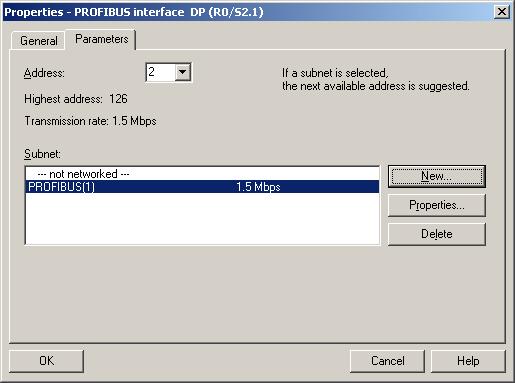 After inserting the CPU the property window Properties PROFIBUS interface DP opens. In this properties window you create a new subnet with the transmission rate, for example, of 1.