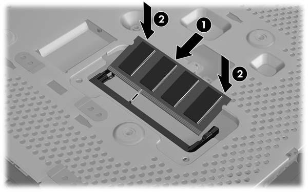 Hold the SO-DIMM at about a 20 degree angle and insert the SO-DIMM into the socket. NOTE: A memory module can be installed in only one way.