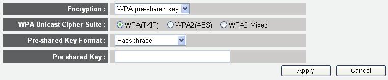 2-7-3-3 Wi-Fi Protected Access (WPA): When you select this mode, the wireless router will use WPA encryption, and the following setup menu will be displayed.