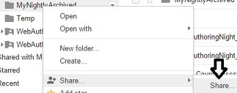Share a Folder on Google Drive Right-click the folder you wish to share. From the drop down, select Share... and then Share.
