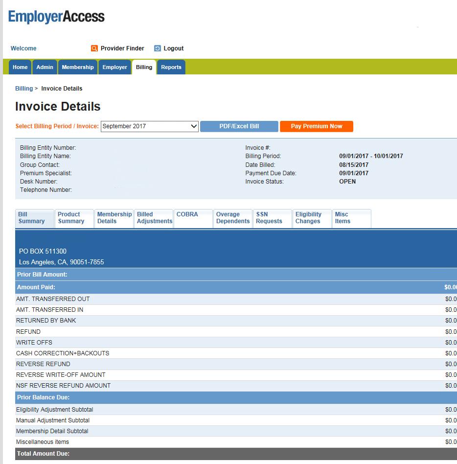 Employer-level capabilities, continued 5 Viewing invoices The Billing page provides access to view the details of current open invoices, past invoices and outstanding adjustments; all of that