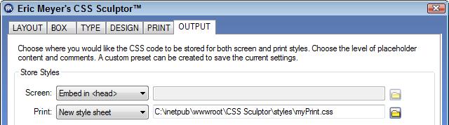 Determining output options The final tab of CSS Sculptor gives you control over the resulting documents and the option to save your preset.