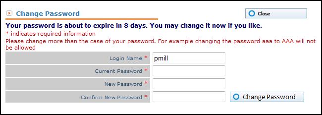 Expired Passwords Care mc will remind you when your password is about to expire and allow you to change it. You can create a new password, or close the window and proceed.