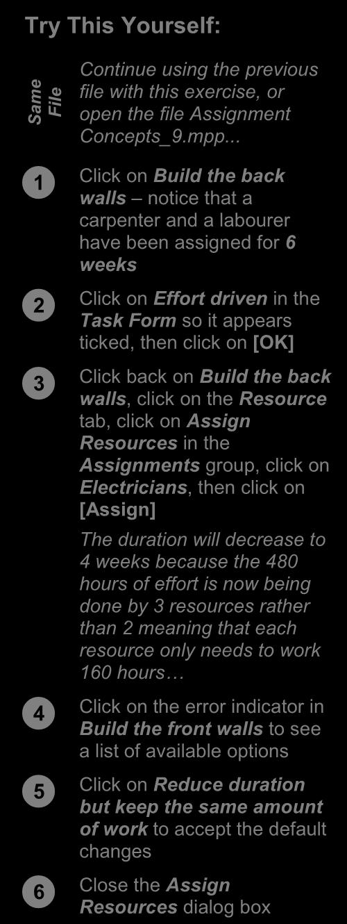 Same File WORKING WITH EFFORT DRIVEN TASKS If assigning additional resources to a task will affect the duration, then the task should be marked as effort driven.