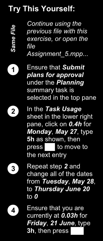 Same File ASSIGNING SPECIFIC WORK TIMES To take proper control of contouring you should enter your own times into the Task Usage sheet.