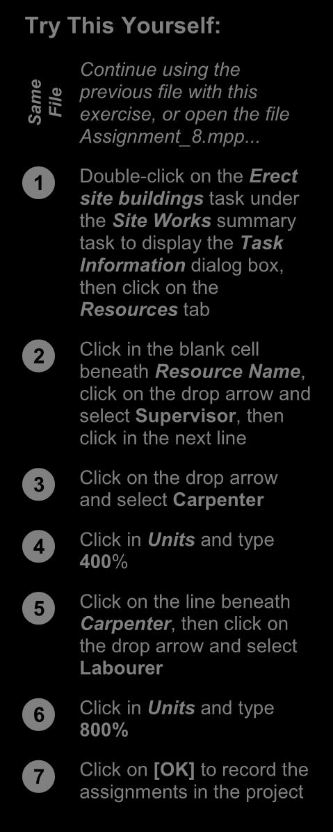 Same File ASSIGNING RESOURCES IN TASK INFORMATION Project has an information dialog box each for tasks and resources.