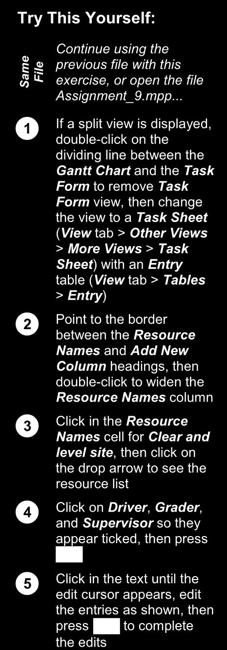Same File ASSIGNING RESOURCES IN A SHEET If you are familiar with spreadsheets, you might find it easier to assign resources using the Task Sheet view.