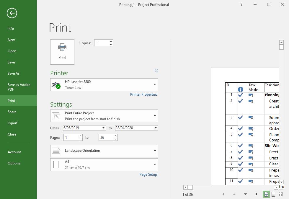 If you are not sure how your project data will print it is a good idea to preview the print data on the screen first. Before starting this exercise you MUST open the file Printing_1.mpp.