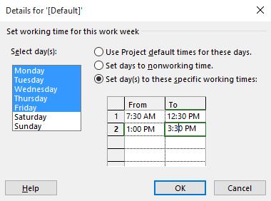 This can be done using the Change Working Time command on the Project tab. Continue using the previous file with this exercise, or open the file Creating A New Project_2.mpp.