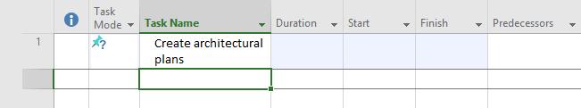 As you enter a task, a default duration of 1 day is automatically assigned to the task and a Gantt bar is drawn in the chart on the right of the screen.