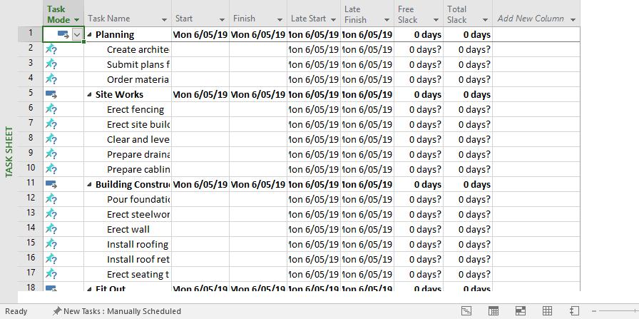 Schedule to see tasks with scheduled dates Click on Tables again, then select Cost to see the Costs table Use the Tables command to examine some of the other tables Click on the top half of Gantt