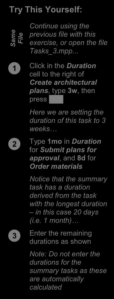 Same File ENTERING TASK DURATIONS Once tasks have been entered (or as they are being entered) you can enter the appropriate duration details for each task. Durations can also be entered with a?