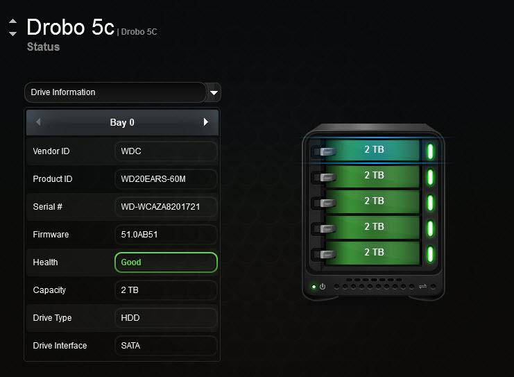 1.7.7 Checking Drive Information 1. In Drobo Dashboard on the All Drobos page, select the appropriate Drobo 5C. 2. Click the Status option on the Navigation menu. The Status page opens. 3.