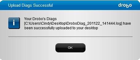 The Upload Diags Successful dialog box opens, indicating that the diagnostics file has successfully uploaded to your desktop.