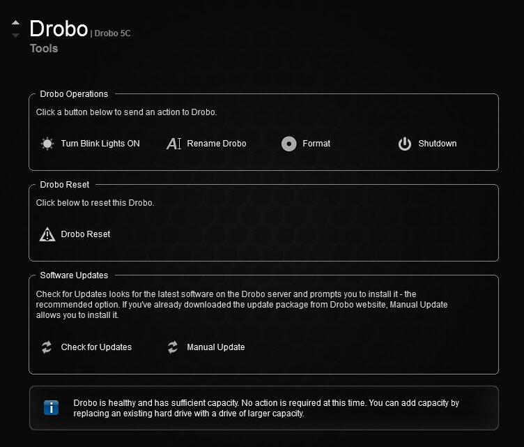 1.4.6 Blinking Lights to Test Connectivity A simple test to verify that your Drobo 5C is connected, directly or indirectly, to your host computer is to use Drobo Dashboard to blink the lights on your
