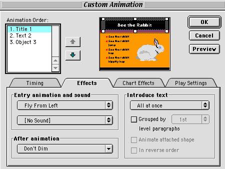 Go to the Slide Show menu and select Custom Animation. The Following window will appear. 4. Click on the Timing button. 5.