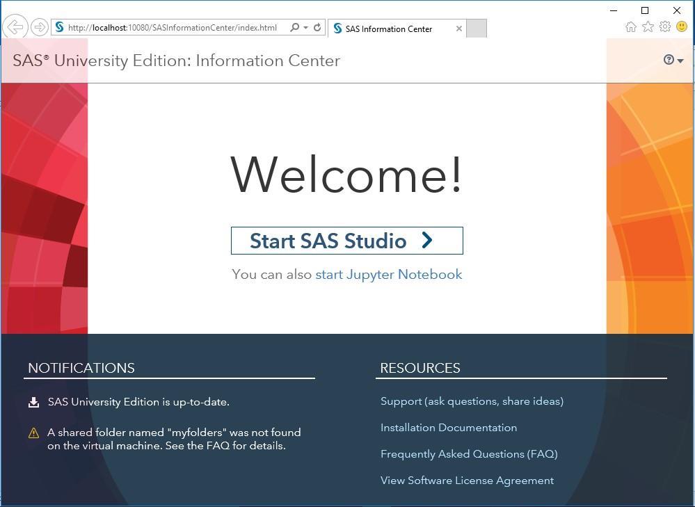 The next screen shot is the SAS web page that actually starts the SAS University Edition software. Pressing the Start SAS Studio button will launch SAS University Edition.