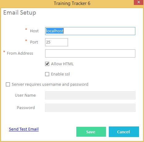 Mailer Configuration The Mailer Configuration window allows you to set up email services for Training Tracker.