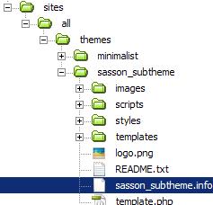 Chapter 9 9. In the sasson_subtheme folder, rename the file SUBTHEME.info to sasson_subtheme.info: 10. Open the file sasson_subtheme.info. 11.