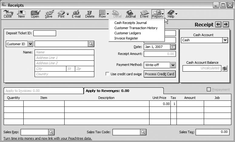 Peachtree Update 7/19/06 3:48 PM Page 10 The Reports icon allows the user direct access to several reports: Cash Receipts Journal Customer Transaction History Customer Ledgers Invoice Register Select