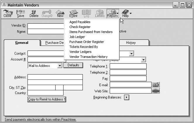 Peachtree Update 7/19/06 3:48 PM Page 11 The Reports icon allows the user direct access to several reports: Aged Payables Check Register Items Purchased from Vendors Job Ledger Purchase Order