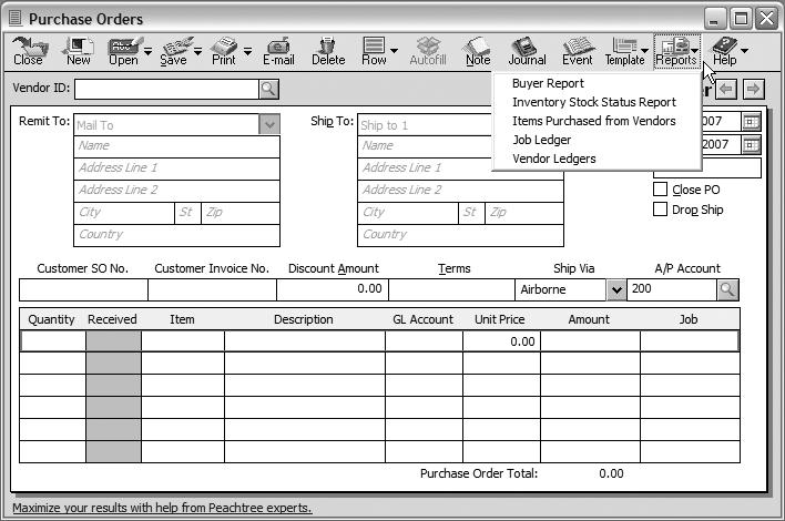 Peachtree Update 7/19/06 3:48 PM Page 20 The Reports icon allows the user direct access to several reports: Buyer Report Inventory Stock Status Report Items Purchased from Vendors Job Ledger Vendor