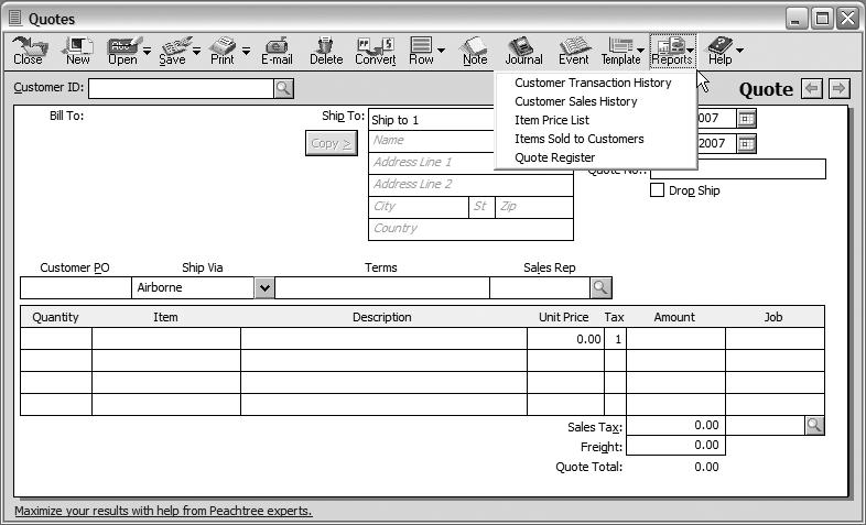 Peachtree Update 7/19/06 3:48 PM Page 23 The Reports icon allows the user direct access to several reports: Customer Transaction History Customer Sales History Item Price List Items Sold to Customers