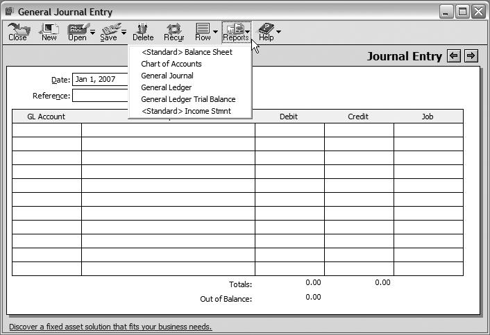 Peachtree Update 7/19/06 3:48 PM Page 5 The Reports icon allows the user direct access to several reports: <Standard > Balance Sheet Chart of Accounts General Journal General Ledger