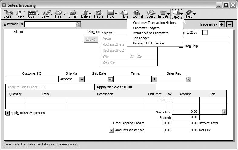 Peachtree Update 7/19/06 3:48 PM Page 9 The Reports icon allows the user direct access to several reports: Customer Transaction History Customer Ledgers Items Sold to Customers Job Ledger Unbilled