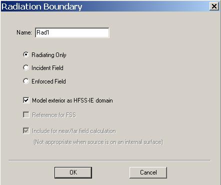 Finite Element Boundary Integral: Boundary Condition Setup Enabled with HFSS-IE license feature inside of an HFSS Design Setup is similar to ABC boundary condition Enabled by selecting Model exterior