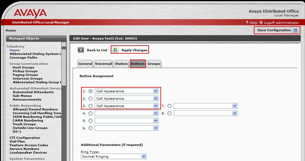 Step Description 4. Navigate to the Buttons tab by clicking Buttons. Use the drop list for Button Assignment 1 3 and select Call Appearance. The remaining parameters were left at the default values.