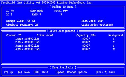 FastTrak SX4100 User Manual Create a Logical Drive 1. From the Main Menu screen, press 2 to display the Define LD Menu (below). 2. Press the arrow keys to highlight an logical drive number you want to define and press Enter to select it.