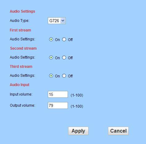 6.2.3 Audio Setting 1) Audio settings : Frist stream: Audio type G.726 and G.