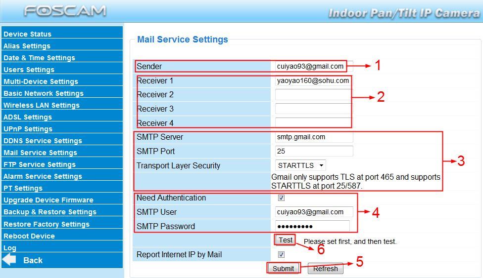 Figure 3.31 1----- Sender Mailbox for sender must support SMTP 2----- Receiver Mailbox for receiver need not support SMTP,you can set 4 receivers 3----- SMTP Server/ Port Enter SMTP server for sender.