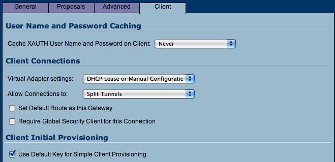 Client Settings Virtual Adapter Settings: Select DHCP Lease or Manual Configuration Make sure Require Global Security Client for this Connection is unchecked Simple Key (optional): Check the box Use