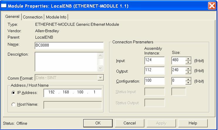 Configure new generic Ethernet module 1) Insert a name 2) Comm Format should be Data SINT (differing settings require adoption of assembly sizes) 3) IP address setup according to