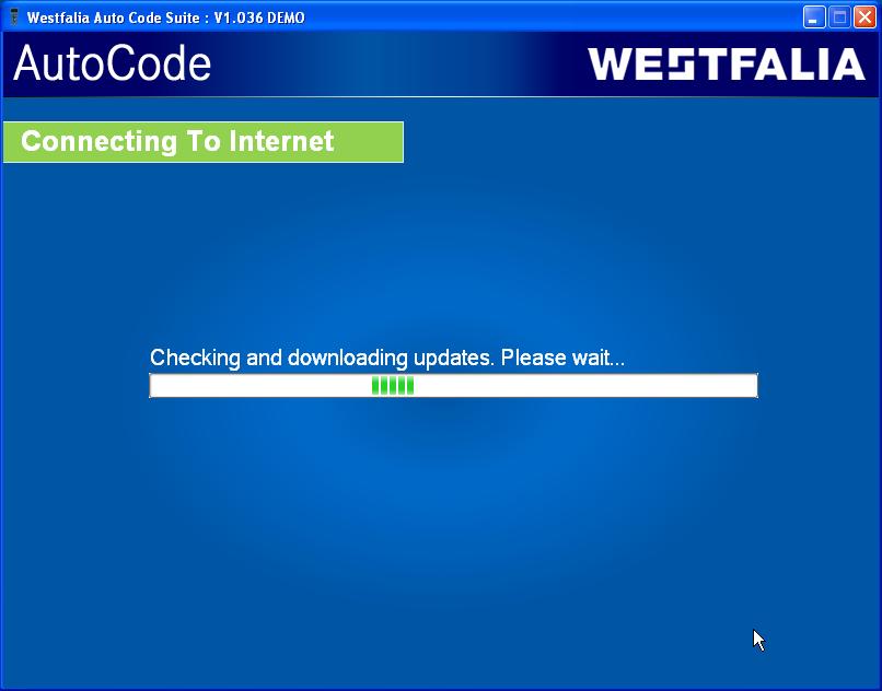 Auto Code Update Procedure 1. Run the Auto Code Suite Application From the start menu, select Start All Programs Westfalia Auto Code Suite. (There will also be an icon installed onto your desktop). 2.