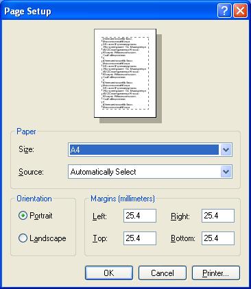 Page setup The page setup screen is used to configure printing preferences for paper size and margins. 1. In the Tasks menu click 2.