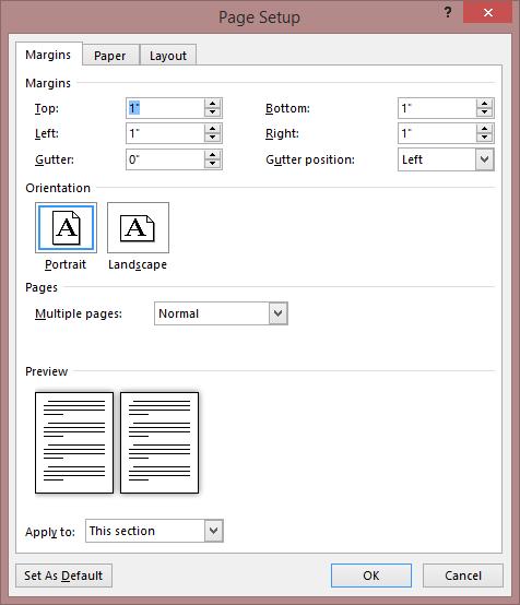 In Microsoft Word 2013, the default margins are 1 from the top, bottom, left, and right. Margins apply to your whole document by default. So there s no need to highlight anything to change margins. 1. Go into the Page Layout tab in the ribbon.