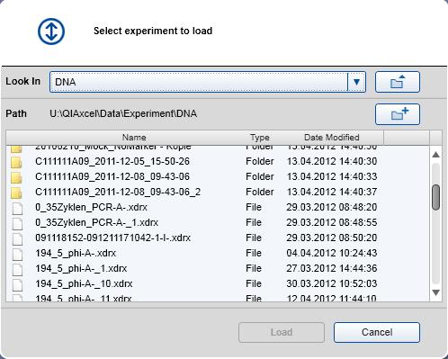 3. Select the experiment from the list by double-clicking it, or clicking it with the mouse and clicking Load file. 4. The experiment will be loaded and displayed in the Experiment Explorer.