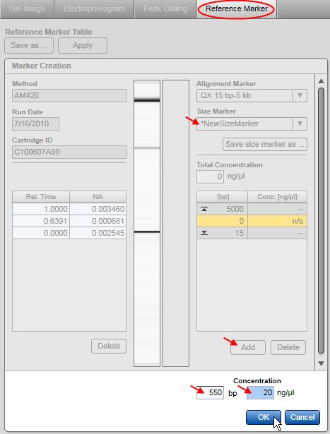Editing a new size marker. 3. Select NewSizeMarker from the size marker drop-down list to create an empty size marker table. 4. Click the Add button below the table to add a new row to the table. 5.
