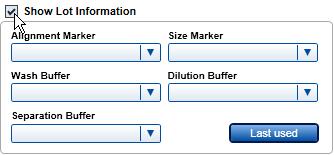 15. Optional: Provide lot information of buffers and markers by checking the Show Lot Information box and editing the lot information in the fields displayed. Visible lot information fields.