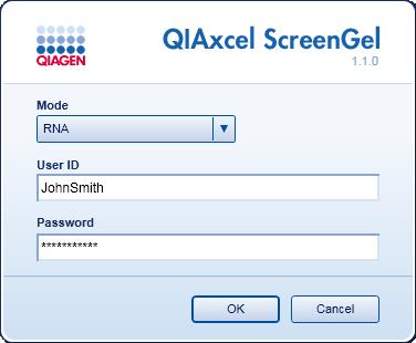 Log in After launching the QIAxcel ScreenGel software the Log in dialog appears: Log in dialog. To log in to the software: 1. Select the application mode (DNA or RNA mode). 2. Enter the User ID. 3.