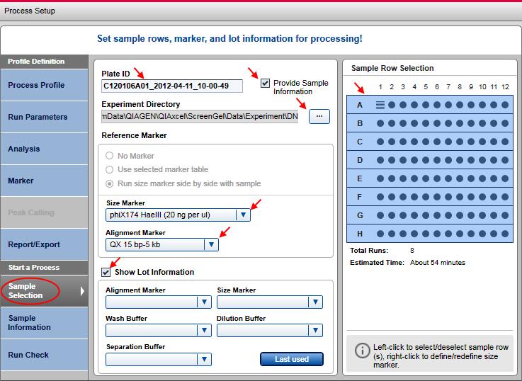 10. Optional: Switch to the Sample Selection screen. Sample Selection screen. 11. Optional: Change the plate ID.