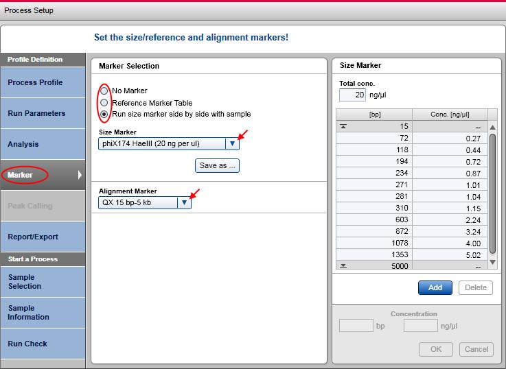 Selecting marker Note: The Marker screen is only enabled if analysis is within the scope of the process profile. For details refer to the Selecting general process options section. Marker selection.