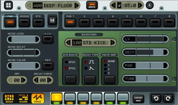 (SYNTH tracks only) SYNTH: Select synthesis algorithm, oscillator waveforms, and adjust oscillator volume envelopes. (SYNTH tracks only) FILTER: Adjust filter and noise generator.
